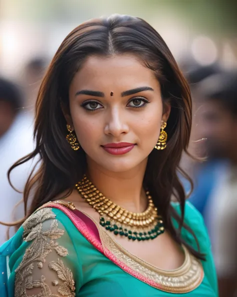 ultrarealistic soft focus photo of a 30-year-old woman, amy jackson, outdoors, high neck Anarkali Suit lace covering chest and cleavage, Tongue-in-cheek smile, worm's eye camera angle, looking looking at camera, day time, beautiful bokeh 