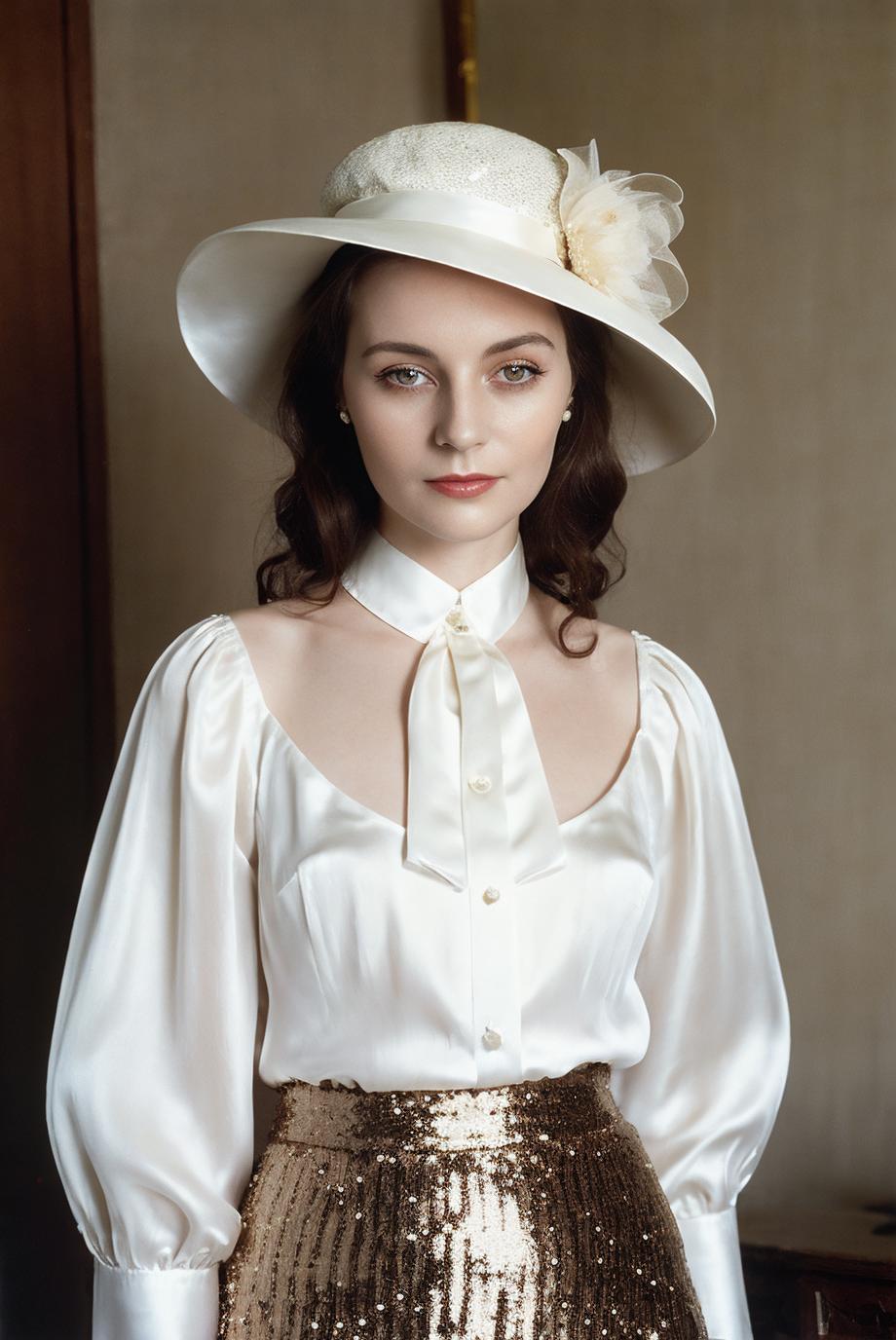 A close up of a woman wearing a white hat and gold sequin skirt - SeaArt AI