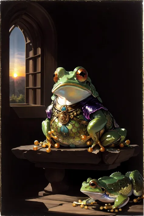 rembrandt, renaissance, ((frog)), with a sunrise in the background, opalescent luster that displays a shifting play of colors,, ...