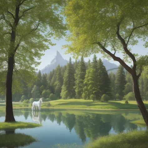 installation art, portrait, unicorn, a peaceful, serene lake surrounded by towering trees, <lora:epinoiseoffset_v2pynoise:2>