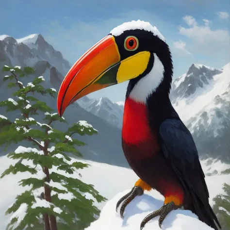 impressionism oil painting, portrait, toucan, a tranquil, snow-covered mountain peak