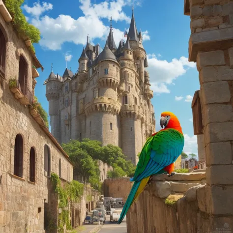 street art, portrait, parrot, an ancient, majestic castle atop a rocky hill