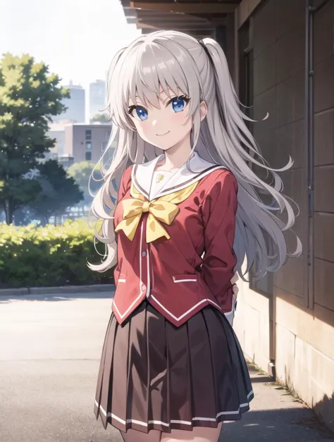 anime girl in a school uniform standing in front of a building