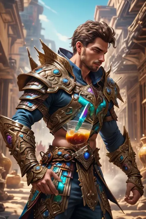 a man in armor holding a drink in a city