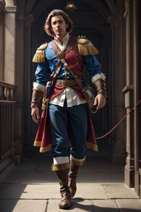 a man in a blue and red outfit holding a red rope