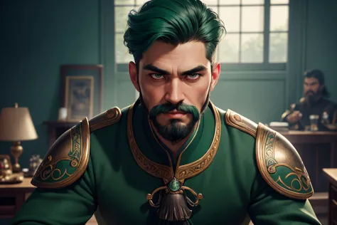 an awarded profesional photography of (1man:1.3) Maya  with aquamarine eyes  with  male thin beard hairstyle and Fu Manchu mustache in green  color, wearing a suit of armor   cheeky, archer pose  in bedroom ,(epic scene:1.3),ultradetialed character with perfect face,detailed skin,(ultrasharp:1.3),(masterpiece:1.1),best quality,(photorealistic:1.2),ultrarealistic,realistic ultradetailed character,4k perfect quality, <lyco:GoodHands-beta2:1> by by Robert Capa Spotlights camera angle perspective and focus on face  Magnificent,Imperceptible detail,Intricately designed,  (perfect quality face:1.5)  hyper-detailed complex,  insanely detailed, detailed clothes, detailed skin, detailed body, , 1man, realistic lights, realistic shadows, profesional photo,