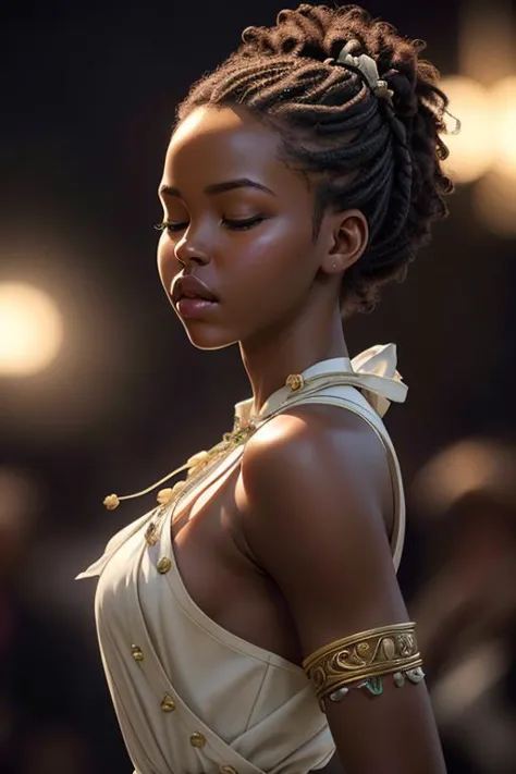 a woman with braids and a white dress is looking down