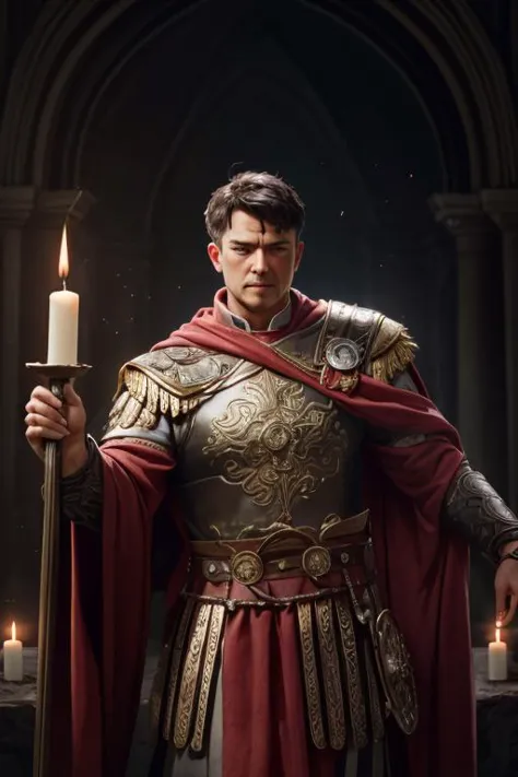 a man in armor holding a candle in front of a dark background