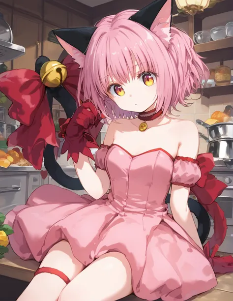 anime girl in pink dress sitting on counter with a cat tail