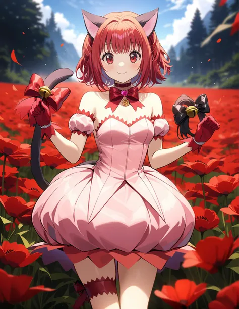 anime girl in a pink dress holding a bird in a field of flowers