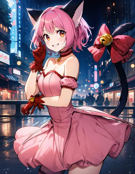 1girl, solo,  <lora:sdxl-lyco-mew_ichigo-original-animagine_xl_3_1-v2:1>, mew_ichigo, tail bow, gloves, cat tail, red gloves, tail bell, choker, detached sleeves,pink dress, strapless, relaxed posture, elbows extended, standing , ,smile, best quality, ultra-detailed,masterpiece , intricate details, 4k,, BREAK in a city at night