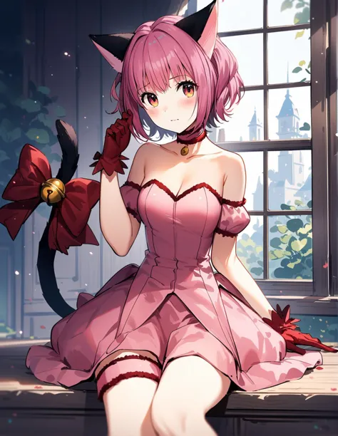 anime girl in a pink dress sitting on a window sill