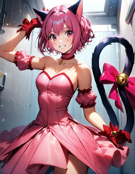 anime girl in a pink dress with horns and bows