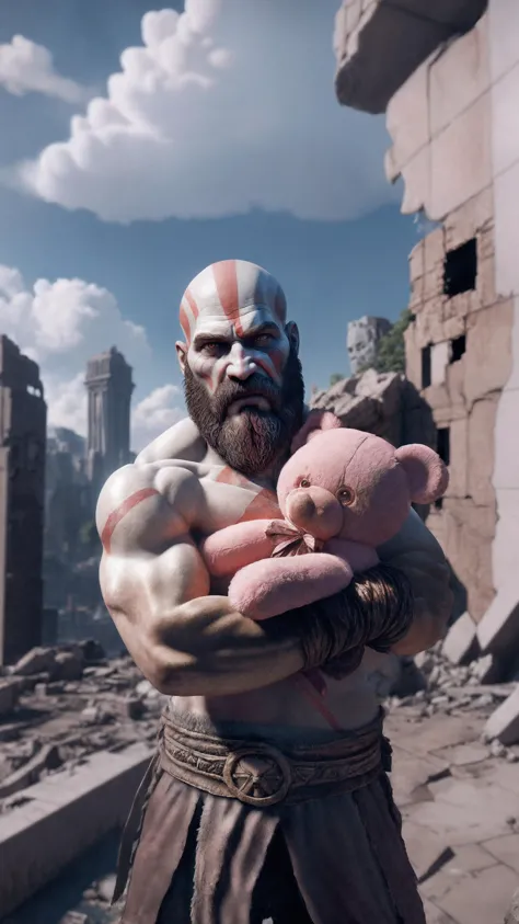 god of war, standing, hugging a pink teddy bear, against the backdrop of the (ruined city:1.1)
unreal engine
style of Artgerm
fi...