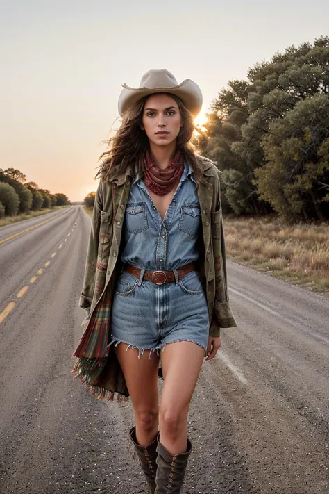 cinematic, full body shot, walking along side of rural texas road, long journey, cowgirl boots, vintage suitcase, carefree, lead...