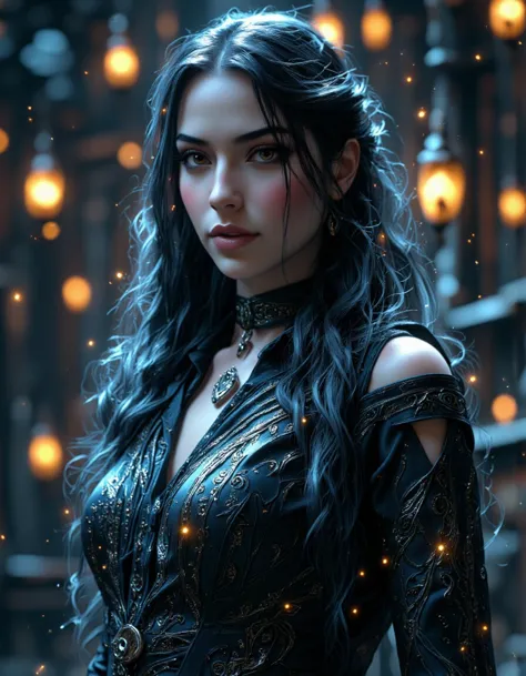 (in a dark fantasy world, a stunningly beautiful elf sorceress stands under the pale glow of the moonlight. her long, black hair...