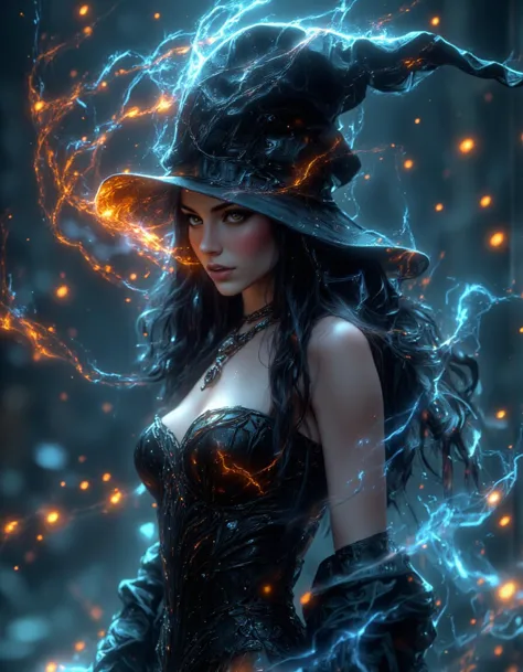 (in a dark fantasy world, a stunningly beautiful elf sorceress stands under the pale glow of the moonlight. her long, black hair...