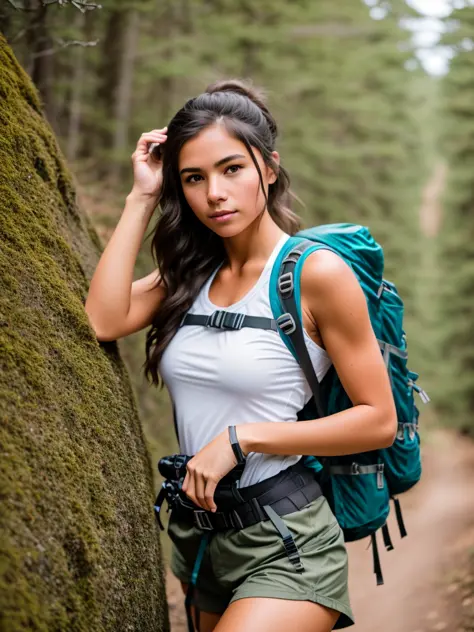 RAW photo, 1girl, a (portrait:1.2) of full body a cute woman as a hiker on the top of a hill, (high detailed skin:1.2), 8k uhd, ...
