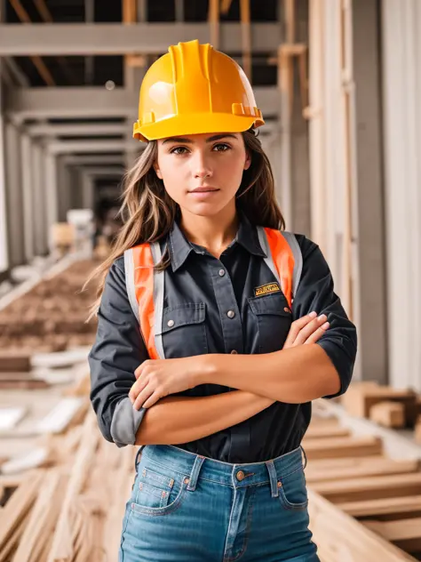 RAW photo, 1girl, a (portrait:1.2) of full body a cute woman as a construction worker, (high detailed skin:1.2), 8k uhd, dslr, s...