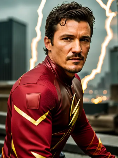 RAW photo, a portrait photo of brutal 45 y.o Pedro Pascal as the flash, lighting around his body, posing, hero, background city ...