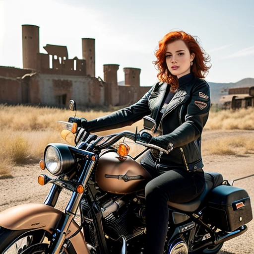 hermosa chica en una motocicleta Harley-Davidson, 35 y.o mujer con ropa de páramo, cabello rojo, Corte de pelo corto, piel pálida, cuerpo delgado, El fondo son las ruinas de la ciudad., (piel muy detallada:1.2), 8k hd, DSLR, iluminación suave, alta calidad, grano de la película, Fujifilm XT3