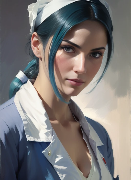 blue hair, medium hair, ponytail, nurse cap, blue eyes, eyeshadow, beautiful russian woman, medium breast, white suit jacket, (vneckline:1.4), (no bra:1.2), surgical mask, sexually suggestive, (medical eyepatch:1.2), one-eyed, (sexy:1.3), red cross, cleavage, professional majestic oil painting by Ed Blinkey, Atey Ghailan, Jeremy Mann, Greg Manchess, (WLOP:1.2), Studio Ghibli, Charlie Bowater, trending on ArtStation, trending on CGSociety, Intricate, High Detail, Sharp focus, dramatic, photorealistic