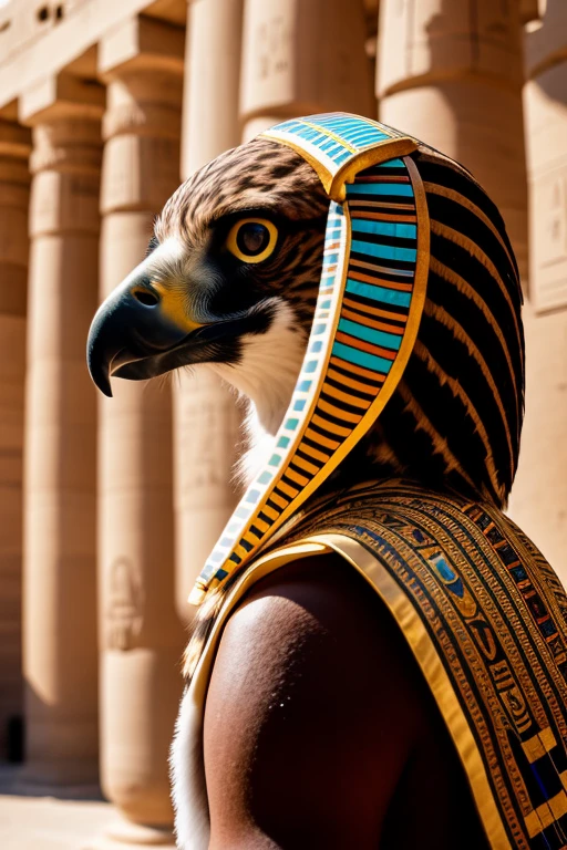 Photo brute, animal, une photo de portrait d&#39;un [Horus:faucon:2] humanoïde en vêtements égyptiens, Très détaillé, Coiffe égyptienne, fond à l&#39;intérieur du temple, 1/4 profils, photo de tout le corps, 8k euh, reflex numérique, Éclairage doux, haute qualité, grain de film, Fujifilm XT3
