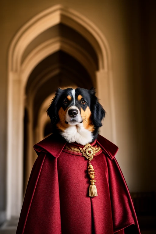RAW-Foto, Tier, ein Portraitfoto von [Mann:Hund:2] huMannoid in a king's clothing, Hintergrund im Schloss, Gesicht, 8k uhd, dslr, sanfte Beleuchtung, gute Qualität, Filmkorn, Fujifilm XT3
