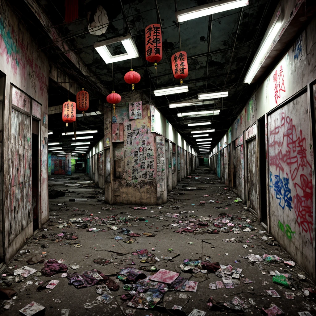 버려진 중국 시장, 한계 공간, 소름 끼치는 사람들, 어두운 색, 부드러운 조명, 밤, 바닥에 쓰레기, 벽에 포스터, 낙서