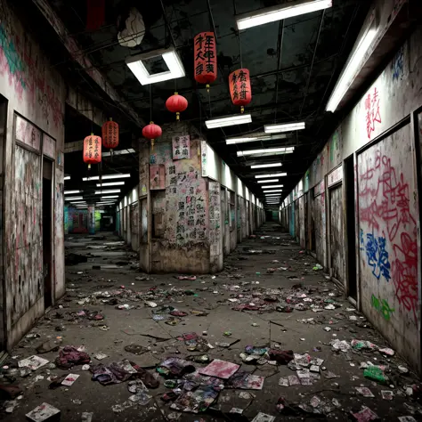 abandoned chinese market, liminal space, creepy people, dark colors, soft lighting, night, garbage on floor, posters on wall, gr...