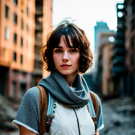 RAW photo, a close up portrait photo of 23 y.o woman in wastelander clothes, brunette, short haircut, pale skin, slim body, background is city ruins, (high detailed skin:1.2), 8k uhd, dslr, soft lighting, high quality, film grain, Fujifilm XT3