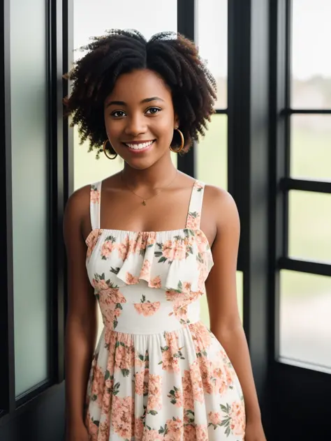 a portrait photo of young woman, floral sun dress, black woman, short hair, library, blurred background, smiling and looking at the camera, standing, sun rays, window lighting, hdr, antialiased, 8k, sharp details, (hdr:1.2), (muted colors:1.2), RAW photo, ...