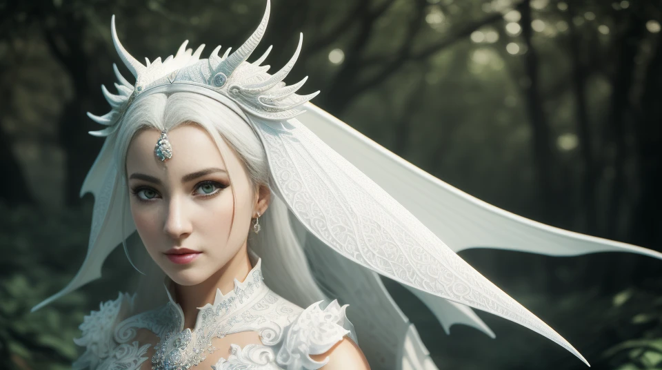 estilo analógico, arte digital de uma mulher no vestido branco do dragão, 8K, Detalhes intrincados, rosto e olhos detalhados,(olhos renderizados) 