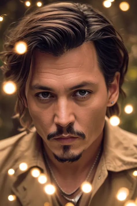 masterpiece, johnny depp walking through the jungle (night among fireflies), (high detail:1 1), rough face, natural skin, high quality, nsfw, beautiful eyes, (detailed face and eyes), (face: 1 2), noise, extra, real photo, PSD, lamp film photography, sharp focus, contrast lighting, detailed skin, high resolution 8k, crazy detail, realistic, professional photography, 8k UHD, SLR camera, soft lighting, high quality, film grain, Fujifilm XT3