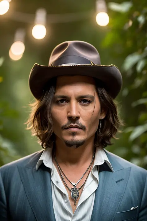 masterpiece, johnny depp walking through jungle at night among fireflies, (high detail:1 1), rough face, natural skin, high qual...