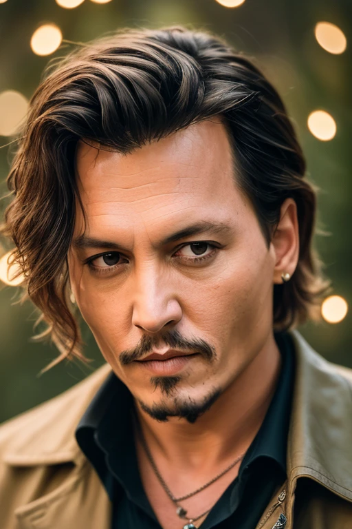 masterpiece, johnny depp walking through the jungle (night among fireflies), (high detail:1 1), rough face, natural skin, high quality, nsfw, beautiful eyes, (detailed face and eyes), (face: 1 2), noise, extra, real photo, PSD, lamp film photography, sharp focus, contrast lighting, detailed skin, high resolution 8k, crazy detail, realistic, professional photography, 8k UHD, SLR camera, soft lighting, high quality, film grain, Fujifilm XT3