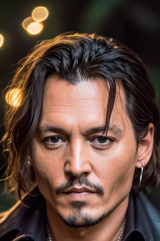 masterpiece, johnny depp walking through jungle at night among fireflies, (high detail:1 1), rough face, natural skin, high quality, nsfw, beautiful eyes, (detailed face and eyes), (face: 1 2), noise, extra, real photo, PSD, lamp film photography, sharp focus, contrast lighting, detailed skin, high resolution 8k, crazy detail, realistic, professional photography, 8k UHD, SLR camera, soft lighting, high quality, film grain, Fujifilm XT3