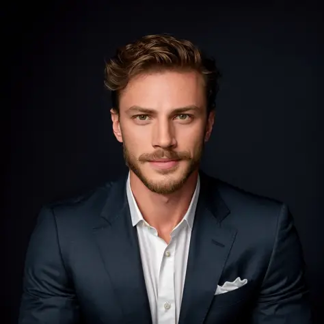 charlzcjm, headshot, (jacked charlzcjm, bright hazel green eyes), (curly low fade haircut:1.14), (sunburned skin, 5 o'clock shadow) ((smirking, buff)), detailed face, detailed iris, full lips, ((cute, wearing a modern luxury dark navy blue suit, pocket han...