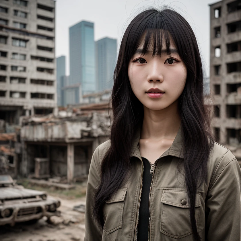 alta calidad, 8k hd,Un retrato de cerca de una joven asiática brutal vestida con ropa de Wastelander, corte de pelo largo, piel pálida, cuerpo delgado, El fondo son las ruinas de la ciudad., (piel muy detallada:1.2), DSLR, iluminación suave, grano de la película, Fujifilm XT3, (pureerosface_v1:0.5),  