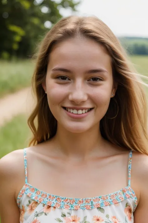 high quality, photo of 22 y.o european woman, wearing summer dress, happy face, detailed face, skin pores