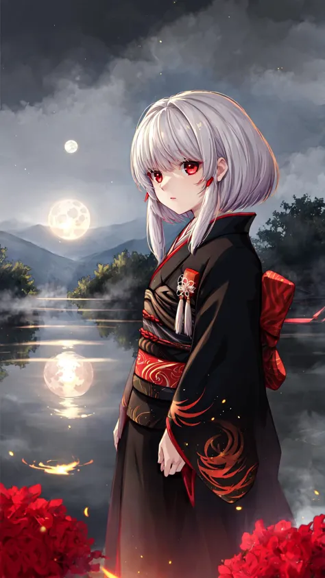 <lora:Siragiku:0.8> siragiku\\(ffmb\\), black kimono, 1girl, (glowing eyes, red eyes:1.25), BREAK, misty lake, (fog, foggy, cloudy sky, glowing full moon:1.25), <lora:more_details:0.3> <lora:hairdetailer:0.3> BREAK, (cute, adorable, small:1.25), masterpiece, best quality, extremely detailed, highly quality, 4k, sharp focus, professional, sharp focus, award winning, cinematic lighting, octane render, unreal engine, volumetrics dtx, Wallpaper,