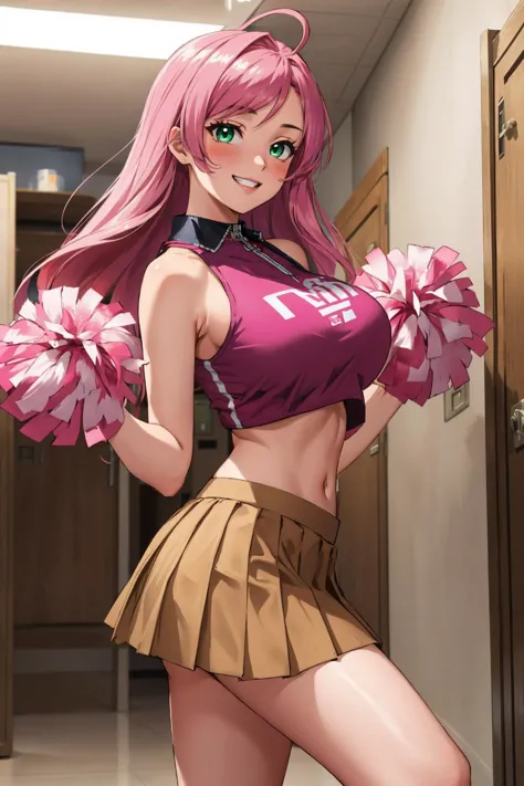 obra de arte, melhor qualidade,   outermoka, cabelo rosa, Ahoge, olhos verdes, seios grandes, pom pom \(líder de torcida\), top cropped rosa, barriga, Saia plissada, Saia rosa, sorriso, corredor, armários