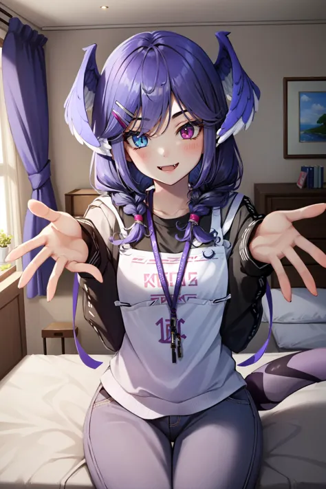 anime girl with purple hair and blue eyes sitting on a bed