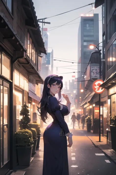 twisted torso, head tilt, BREAK straight-on, from sideview,  curvy 18 year old female, long    hair,         chubby body    lovely medium breasts,   (purple victorian dress), outdoor, (many kinds of pots), (modern exterior, city), the exterior of a modern building, tree, street, akihabara, (fantasy, medieval, ancient),