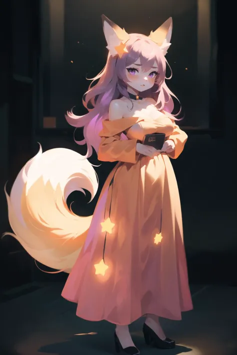 Annytf, orange, tout le corps, Long dress, robe orange, hors épaule, 1fille, animal_oreilles, queue, seins, Long_cheveux, cheveux_ornement, renard_fille, étoile_cheveux_ornement, yeux violets, 