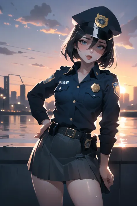 1 Frau,     Haar,             (Schweiß, Schweißing:0.8), zarte kleine Brüste,    (Rock, Sexy Polizeiuniform:1.5),  draußen, Himmel, Wolke, Sonnenuntergang,