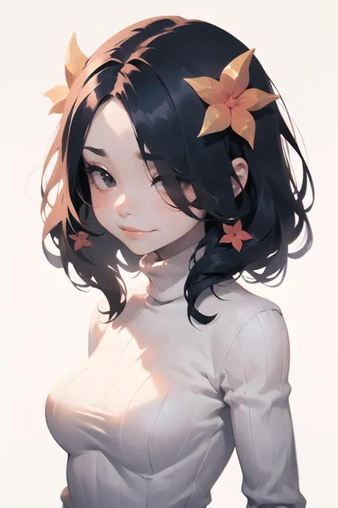 chibi female,   pointy  hair, intricate hair ornaments,   hair over eyes,  [sad face|grin face],         lovely medium breasts,   turtleneck,