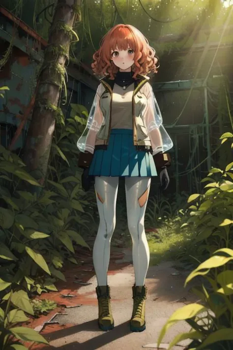 full body, a girl, a pretty woman, curly hair, short copper-colored hair tinged with gold, white coat, blue see-through skirt, see-through leggings, she is standing near (Several rusted damaged military tanks), rushed Dilapidated collapsed military facility, overgrown with vines and weeds and shaded by greenery, green water submerged, tree canopy, elegant sunlit, weak light and shadows,