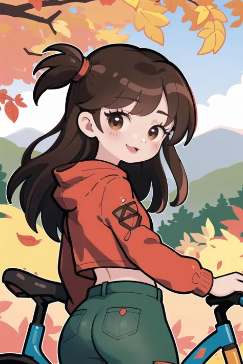 (best quality, masterpiece:1.1),  marikyuun,  close up, from below, looking outside,  looking down, (1female), emotionless face, brown hair, long hair, pointy hair,   one side up,     red Hoodie, red Long Sleeve crop top, big black cargo pants, ( store, pretty bicycle next to the house, many peoples in the cafe, happy and fun , autumn season, In the forest with gorgeous autumn leaves, gorgeous brown mountains),