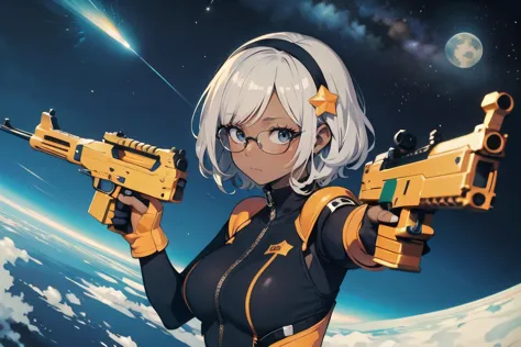 upper body, dynamic angle,     (machine gun, gun, (holding machine gun), shooting stance, aiming enemy), gunner, (1female), (solo:0.8), (mature),  dark skin, colored skin,      lovely medium breasts,      grey eye,   yellow hair, very short hair, curly hair,     intricate hair ornaments,   silver bodysuit, hairband, orange-framed eyewear,  space, star (sky), starlight, on the moon, starry sky, blue star, planet,   (best quality, masterpiece, scenery:1.1),